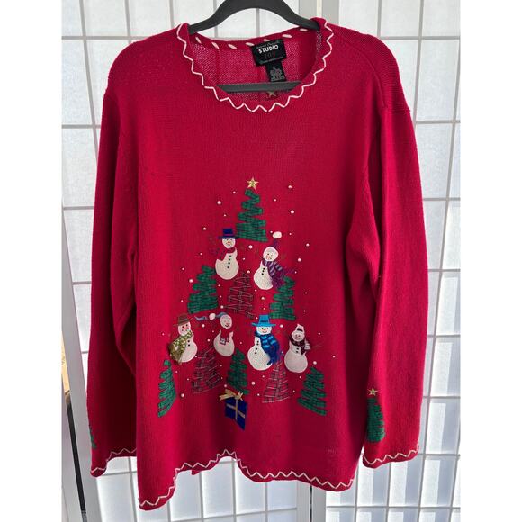 Designers Originals Studio Christmas Tree Snowman Sweater XL Red Holiday Knit - Picture 1 of 9